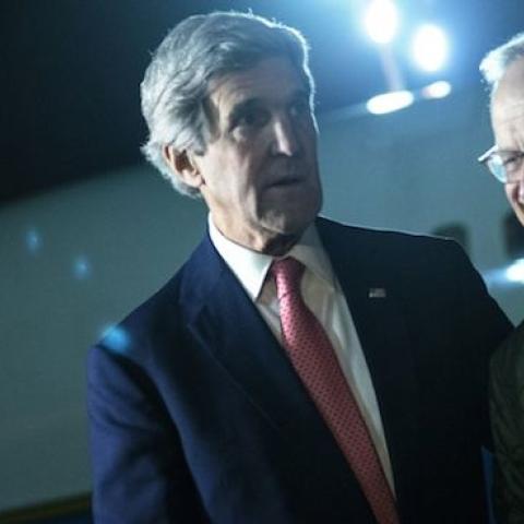 US Secretary of State John Kerry (L) walks with US Special Envoy for Israeli-Palestinian Negotiations Martin Indyk at Ben Gurion International Airport on January 5, 2014 in Tel Aviv. (BRENDAN SMIALOWSKI/AFP/Getty Images)