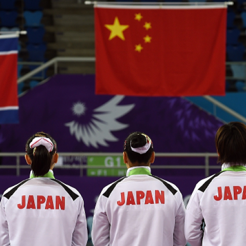 Bronze medalist Japanese team members at the medal ceremony of the 2014 Asian Games in Incheon on September 22, 2014. (INDRANIL MUKHERJEE/AFP/Getty Images)