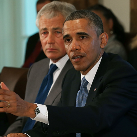 President Obama with Defense Secretary Hagel (3rd L), U.S. Army Chief of Staff Gen. Odienaro (2nd L), Air Force Chief of Staff Gen. Welsh (L) and Chairman of the Joint Chiefs of Staff Gen. Dempsey (R), May 16, 2013 in Washington, DC. (Mark Wilson/Getty)
