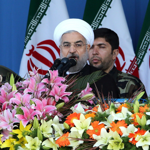 Iranian President Hassan Rowhani (C) delivers a speech as part of the annual Army Day military parade on April 18, 2014 in Tehran. (ATTA KENARE/AFP/Getty Images)