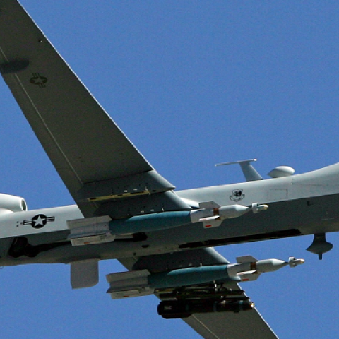 An MQ-9 Reaper flies by August 8, 2007 at Creech Air Force Base in Indian Springs, Nevada.(Ethan Miller/Getty Images)