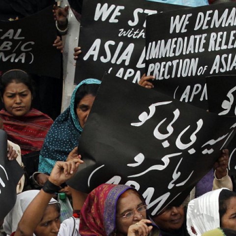 Pakistani women protest in Lahore on November 21, 2010 in support of Asia Bibi, a Christian mother given the death sentence. (Arif Ali/AFP/Getty Images)