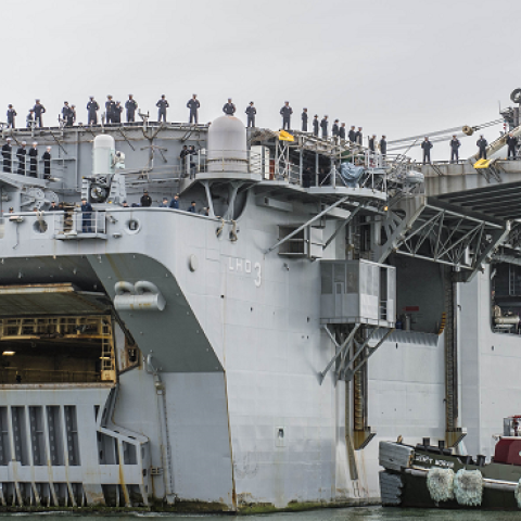 The amphibious assault ship Kearsarge returns to Naval Station Norfolk, Va., in November 2013 after an eight-month deployment.  (MCSN Edward Guttierrez III / Navy)