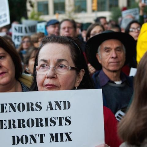 A protestor holds a sign outside the Metropolitan Opera at Lincoln Center on opening night of the opera, 'The Death of Klinghoffer' on October 20, 2014 in New York City. (Bryan Thomas/Getty Images)
