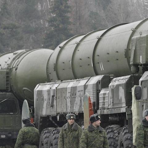 Russian Topol ICBMs missiles during a rehearsal for the nation's annual May 9 Victory Day parade, 50 km outside Moscow in Yushkovo, March 18, 2008. (DIMA KOROTAYEV/AFP/Getty Images)