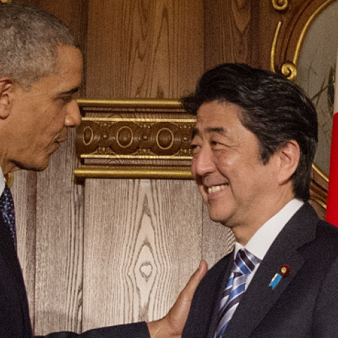 President Obama with Japanese Prime Minister Shinzo Abe following a bilateral press conference at the Akasaka Palace in Tokyo on April 24, 2014. (JIM WATSON/AFP/Getty Images)