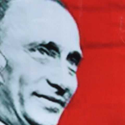 Detail of a placard depicting Joseph Stalin and Russian President Vladimir Putin on the Maidan camp on Independence Square in Kiev, July 28, 2014. (SERGEI SUPINSKY/AFP/Getty Images)