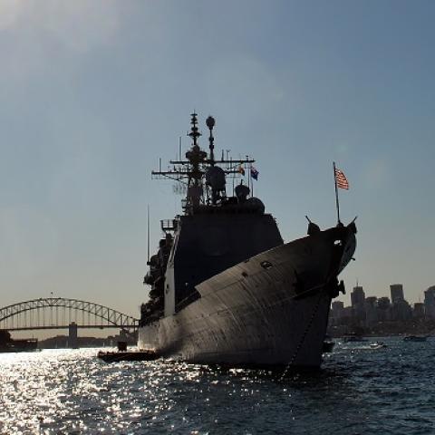US navy warship, forward-deployed Ticonderoga-class cruiser USS Chosin (CG 65), docks at the Sydney Harbour in front of the Harbour Bridge on October 4, 2013. (SAEED KHAN/AFP/Getty Images)