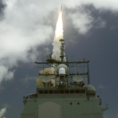 A Standard Missile Three (SM-3) is launched from the guided missile cruiser USS Shiloh during a joint Missile Defense Agency, U.S. Navy ballistic missile flight test June 22, 2006 in the Pacific Ocean. (Chris Bishop/U.S. Navy via Getty Images)