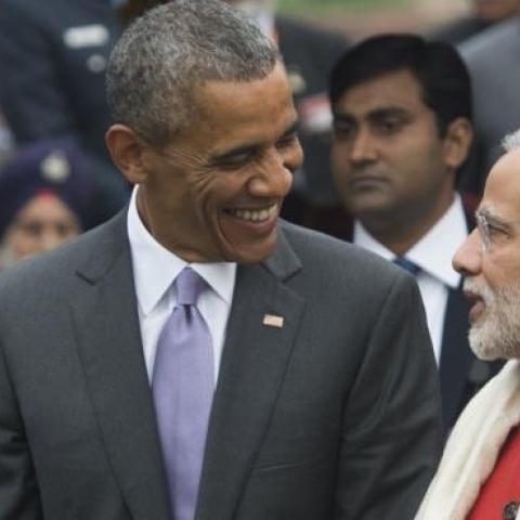 US President Barack Obama (C), Indian Prime Minister Narendra Modi (R) and Indian President Pranab Mukherjee (L) attend a reception at Rashtrapati Bhawan, the Presidential Palace, in New Delhi on January 26, 2015. (SAUL LOEB/AFP/Getty Images)