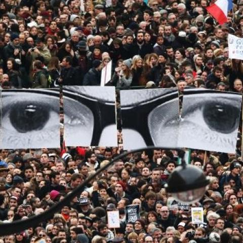 Demonstrators make their way along Boulevrd Voltaire in a unity rally in Paris following the recent terrorist attacks on January 11, 2015 in Paris, France. (Christopher Furlong/Getty Images)