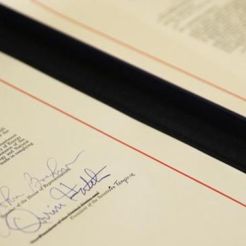 The Keystone XL Pipeline Approval Act with the signature of Speaker of the House Rep. John Boehner (R-OH) and Sen. Orrin Hatch (R-UT) in the Rayburn Room of the Capitol February 13, 2015 on Capitol Hill in Washington, DC. (Alex Wong/Getty Images)