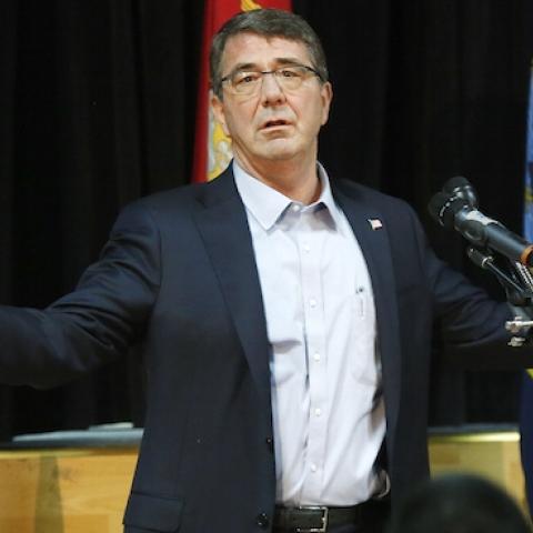 U.S. Secretary of Defense Ash Carter speaks to troops during a question-and-answer session at Camp Arifjan on February 23, 2015 in Kuwait. (Jonathan Ernst-Pool/Getty Images)