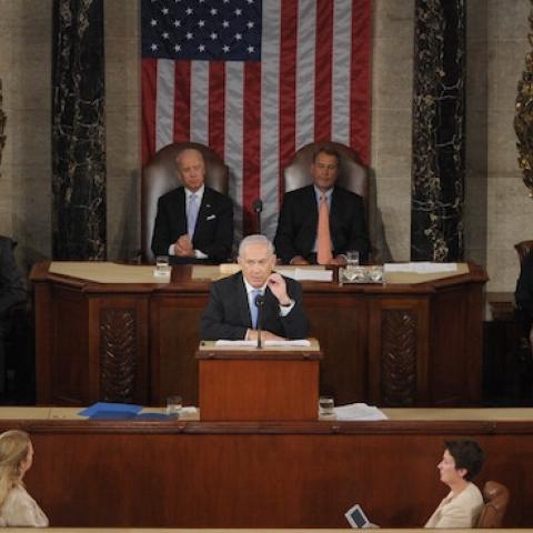 Israeli Prime Minister Benjamin Netanyahu speaks during a joint meeting of Congress at the US Capitol in Washington, DC, May 24, 2011. (SAUL LOEB/AFP/Getty Images)