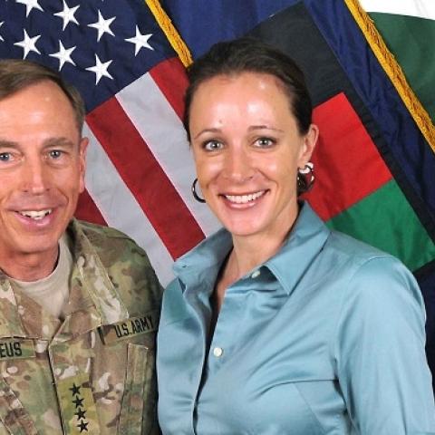 CIA Director Gen. Davis Petraeus shakes hands with biographer Paula Broadwell on July 13, 2011. (ISAF via Getty Images)