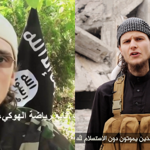 Screenshots of Canadians André Poulin of Ontario and John Maguire of Ottawa in ISIS recruitment videos.