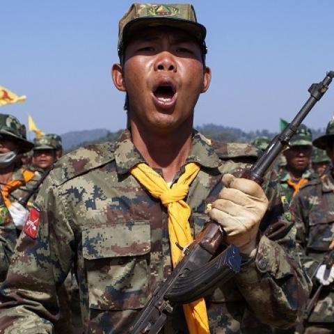 Shan State Army - South (SSA-S) soldiers training at their headquarters in Loi Tai Leng, in Myanmar's northeastern Shan State, February 4, 2015. (KC Ortiz/AFP/Getty Images)