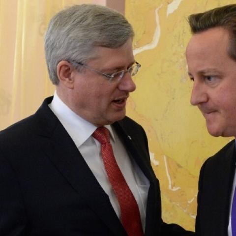 Prime Minister of Canada Stephen Harper and British Prime Minister David Cameron at the G20 Summit on September 6, 2013 in St. Petersburg, Russia. (Valeriy Melnikov/Host Photo Agency via Getty Images)