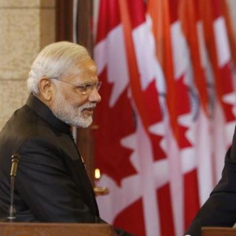 Canada's Prime Minister Stephen Harper shakes hands with India's Prime Minister Narendra Modi (L) during a joint press conference on Parliament Hill in Ottawa, Canada on April 15, 2015. (Cole Burston/AFP/Getty Images)