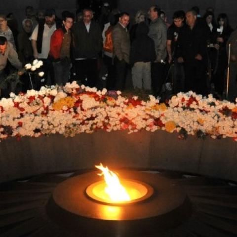 Armenians at the genocide monument to their kin killed by Ottoman Turks during World War I in Yerevan late in on April 23, 2012. (KAREN MINASYAN/AFP/Getty Images)