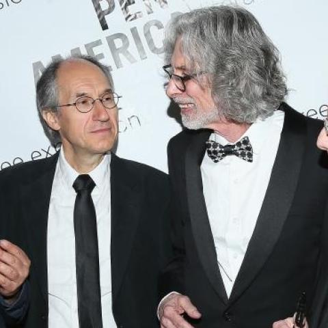  (L-R): Jeremy Spiegelman, Charlie Hebdo editor-in-chief Gerard Biard, New Yorker Cartoon Editor Bob Mankoff and Charlie Hebdo film critic Jean-Baptiste Thoret, PEN American Center Literary Gala, May 5, 2015, New York City. (Jemal Countess/Getty Images)