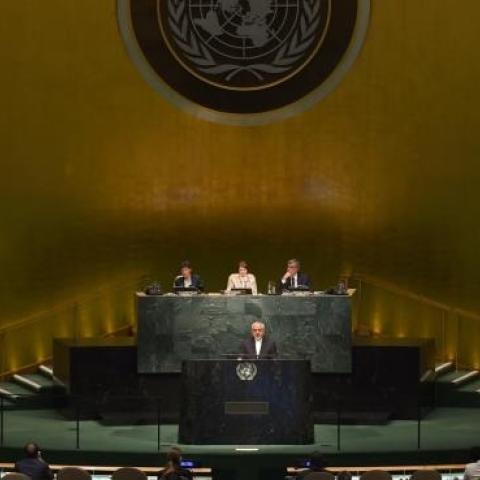 Dr. Mohammad Javad Zarif, Minister for Foreign Affairs of Iran, addresses the 2015 Review Conference of the Parties to the Treaty on the Non-Proliferation of Nuclear Weapons April 27, 2015 at the UN, New York. (TIMOTHY A. CLARY/AFP/Getty Images)