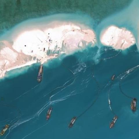 Significant construction and dredging underway at Mischief Reef, March 16, 2015. (Photo DigitalGlobe via Getty Images)