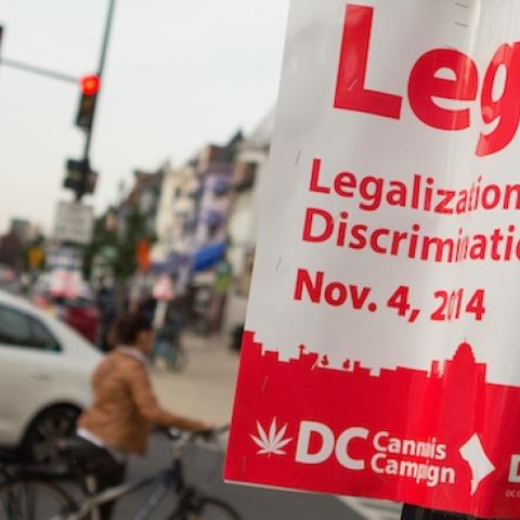 A sign promoting the DC Cannabis Campaign's initiative to legalize marijuana is displayed on a corner in the Adams Morgan neighborhood on November 4, 2014 in NW Washington D.C. (Allison Shelley/Getty Images)