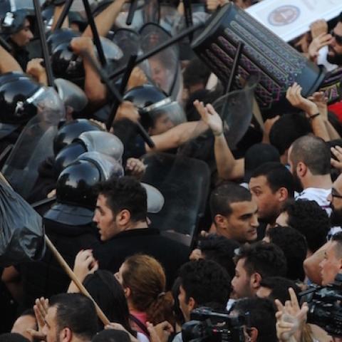 Lebanese protesters clash with security forces during a demonstration against the ongoing trash crisis in Beirut, August 22, 2015. (ANWAR AMRO/AFP/Getty Images)