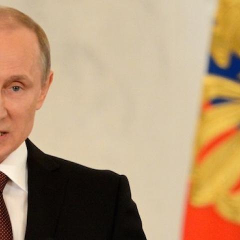 Russia's President Vladimir Putin addresses a joint session of Russian parliament in the Kremlin, Moscow, March 18, 2014. (KIRILL KUDRYAVTSEV/AFP/Getty Images)