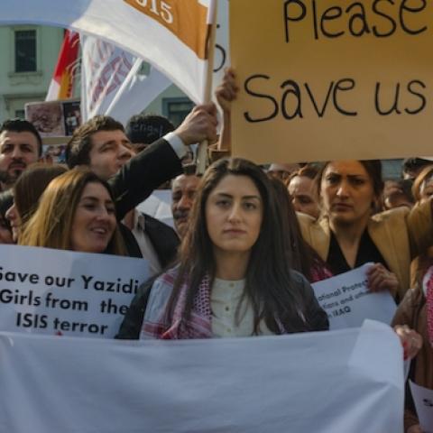 Hundreds of Assyrians protest in front of the European parliament in Brussels, March, 23, 2015. (Jonathan Raa/Pacific Press/LightRocket via Getty Images)