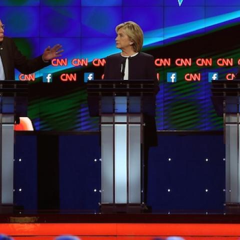 Democratic presidential candidates Jim Webb, Bernie Sanders, Hillary Clinton, Martin O'Malley and Lincoln Chafee debate at Wynn Las Vegas, October 13, 2015. (Joe Raedle/Getty Images)