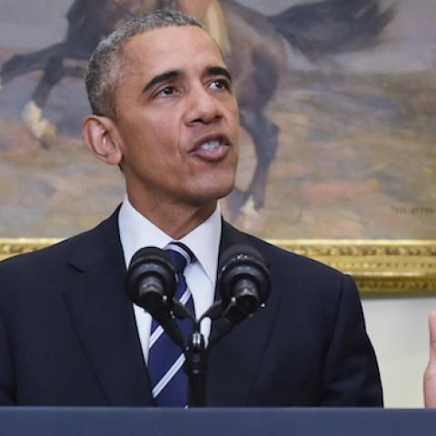 US President Barack Obama speaks on the Keystone XL pipeline, flanked by Secretary of State John Kerry (R), and Vice President Joe Biden, on November 6, 2015 in the Roosevelt Room of the White House in Washington, DC. (MANDEL NGAN/AFP/Getty Images)