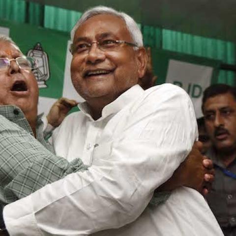 RJD Chief Lalu Prasad Yadav and Nitish Kumar celebrate after Mahagathbandhan's (Grand Alliance) victory in Bihar assembly elections at RJD office, on November 8, 2015 in Patna, India. (Arun Sharma/Hindustan Times via Getty Images)