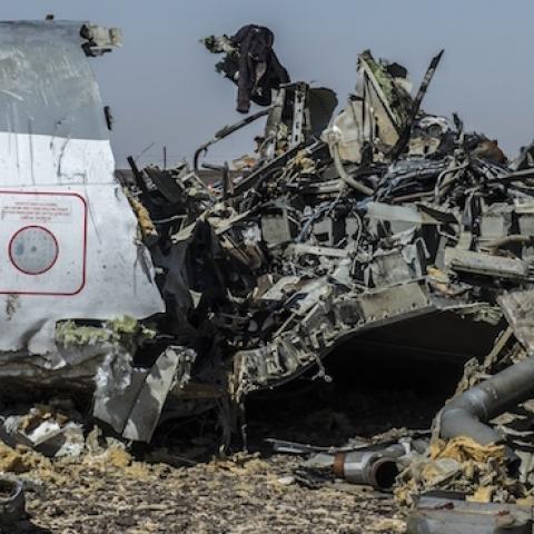 Debris of the A321 Russian airliner after the plane crashed in Wadi al-Zolomat, a mountainous area in Egypt's Sinai Peninsula, on November 1, 2015. (KHALED DESOUKI/AFP/Getty Images)