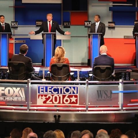 Presidential candidates John Kasich, Jeb Bush, Marco Rubio, Donald Trump, Ben Carson, Ted Cruz, Carly Fiorina, and Rand Paul at the GOP Presidential Debate, Milwaukee, Wisconsin, November 10, 2015. (Scott Olson/Getty Images)