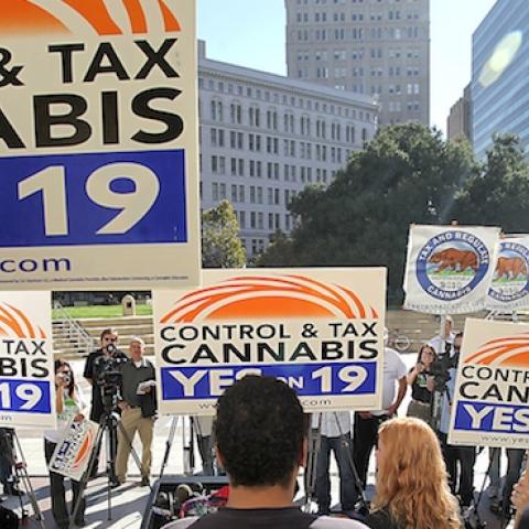 Supporters of Prop 19, a marijuana legalization initiative, rally on the steps of Oakland City hall in Oakland, November 2, 2010.(Brian van der Brug/Los Angeles Times via Getty Images)