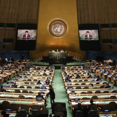 Prime Minister of Japan Shinzo Abe addresses the United Nations General Assembly at UN headquarters on September 29, 2015 in New York City. (John Moore/Getty Images)