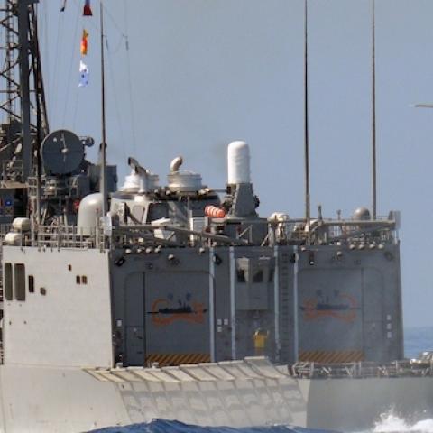 A US-made 70-C helicopter lands on a Perry-class frigate during the Han Kuang drill on the sea near eastern Hualien on September 17, 2014. (SAM YEH/AFP/Getty Images)