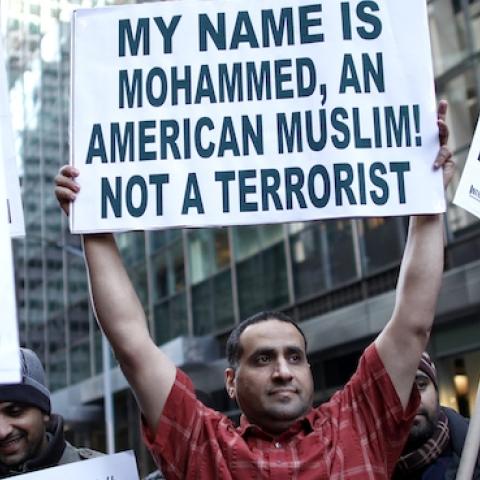 A group of Muslims take part in a rally in front of Trump Tower December 20, 2015 in New York. (KENA BETANCUR/AFP/Getty Images)