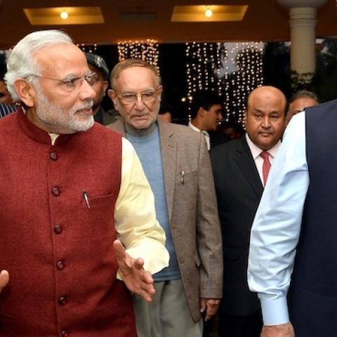 Prime Minister of Pakistan Nawaz Sharif (R) welcomes Indian Prime Minister Narendra Modi (L) at Allama Iqbal International Airport in Lahore, Pakistan on December 25, 2015. (Indian Press Information office/Anadolu Agency/Getty Images)