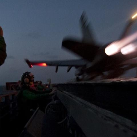 An F/A-18C Hornet aircraft attached to Strike Fighter Squadron 97 launches off the flight deck of the aircraft carrier USS John C. Stennis (CVN 74) while in the Arabian Sea on Jan. 15, 2012. (DoD/Released)