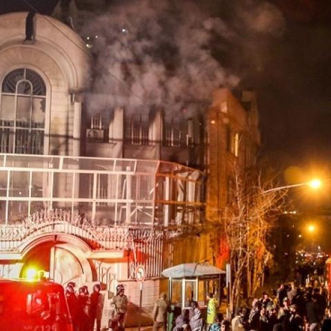 Iranian protesters set fire to the Saudi Embassy in Tehran during a demonstration against the execution of prominent Shiite Muslim cleric Nimr al-Nimr by Saudi authorities, on January 2, 2016. (MOHAMMADREZA NADIMI/AFP/Getty Images)