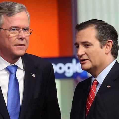 Republican presidential candidates (L-R) Jeb Bush, Sen. Ted Cruz (R-TX) and New Jersey Governor Chris Christie GOP Debate January 28, 2016 in Des Moines, Iowa. (Scott Olson/Getty Images)