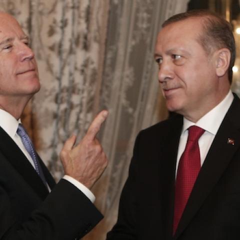 US Vice President Joe Biden (L) gestures next to Turkish President Recep Tayyip Erdogan after a meeting at Yildiz Mabeyn Palace on January 23, 2016 in Istanbul. (SEDAT SUNA/AFP/Getty Images)