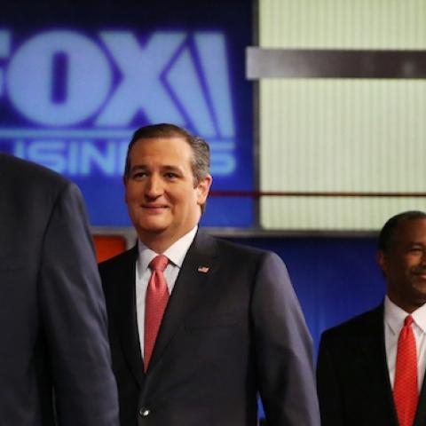Republican presidential candidates (L-R) Donald Trump, Sen. Ted Cruz (R-TX), Ben Carson and Jeb Bush on January 14, 2016 in North Charleston, South Carolina. (Andrew Burton/Getty Images)