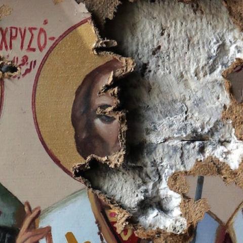 Damaged icons inside the church of the monastery of Saint Takla in the ancient Christian town of Maalula, May 14, 2014. (JOSEPH EID/AFP/Getty Images)