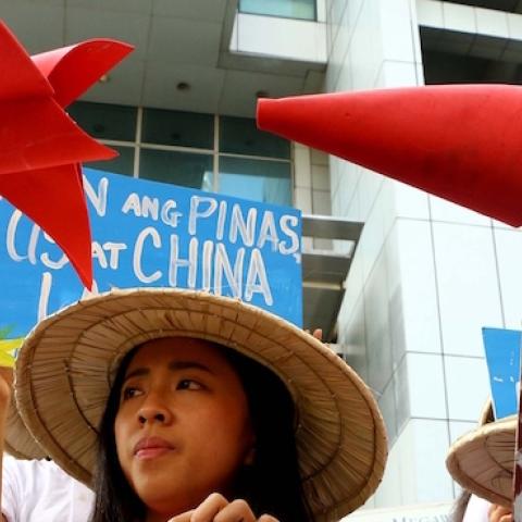 Students led by the League of Filipino Students (LFS) and Kabataan Partylist outside the Chinese Consulate to the Philippines in Makati City, February 19, 2016. (Pacific Press/LightRocket via Getty Images)