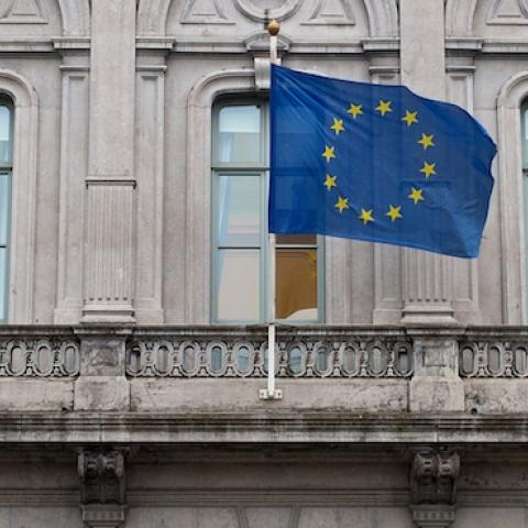 The flag of the European Union flies from the European Parliament information office in the European Quarter on February 25, 2016 in Brussels, Belgium. (Ben Pruchnie/Getty Images)
