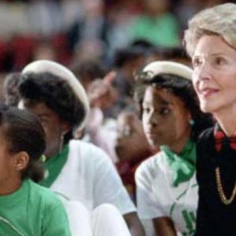Nancy Reagan attending a 'Just Say No' rally with children at Kaiser Arena in Oakland, California, November 26, 1985. (White House Photographic Office/Released)